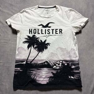 Hollister Mens Graphic T-Shirt White Palm Tree Beach Scene Cotton Small S